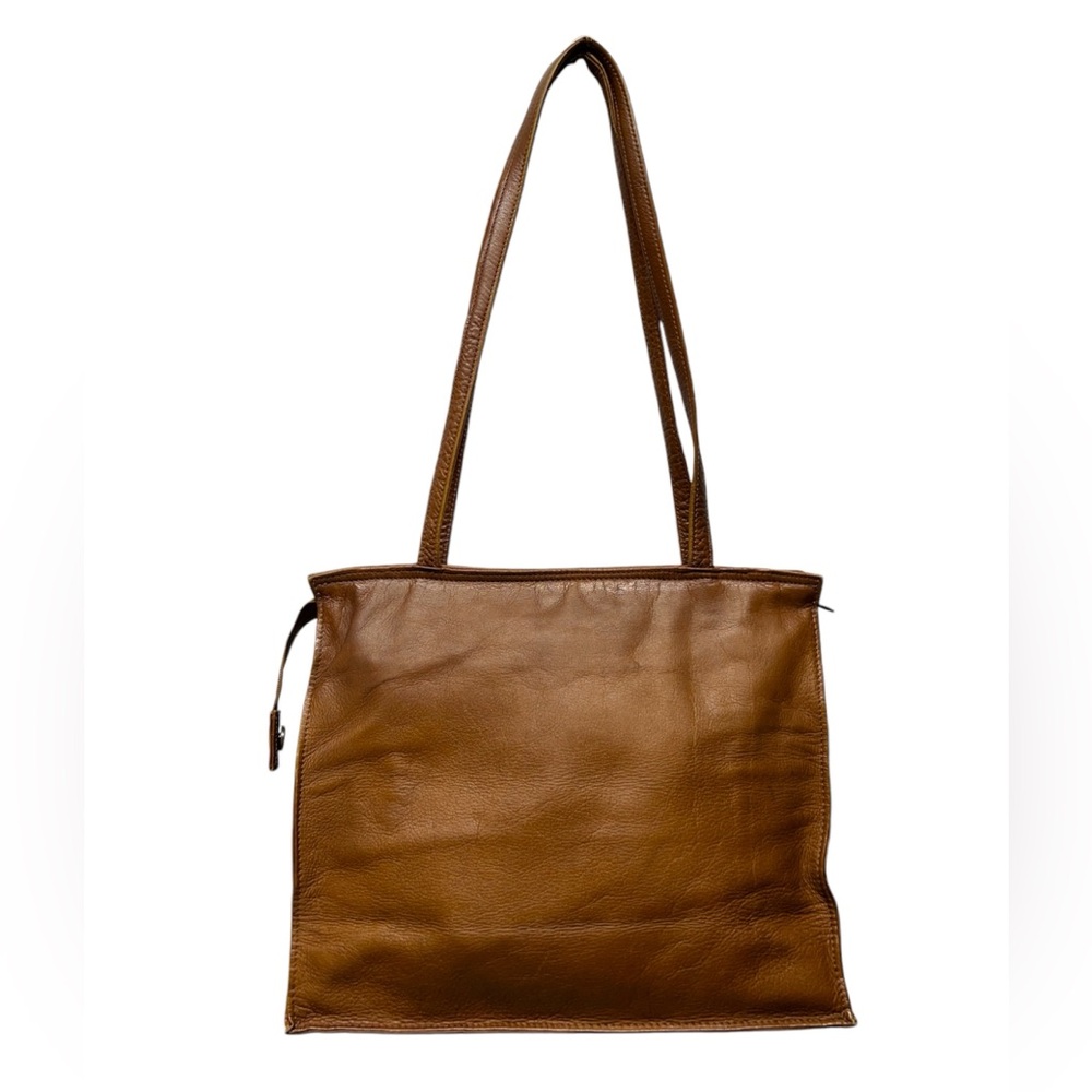 Vintage hazelnut tan brown soft leather shoulder tote bag with zipper closure